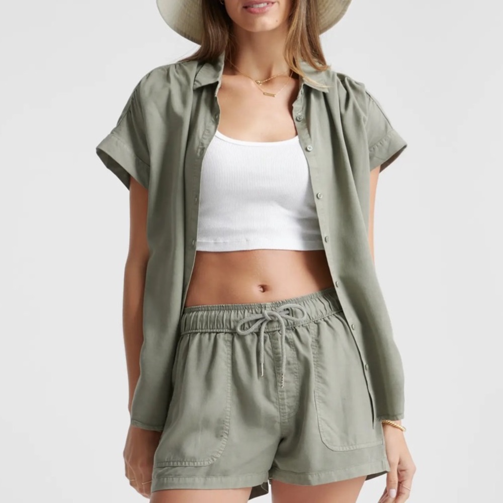 Quince Vintage Wash Tencel Camp Shirt Olive Green sz M NWT Button Front